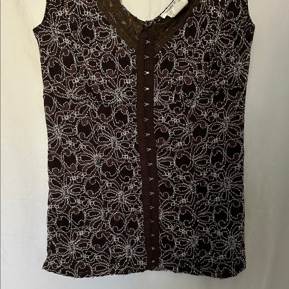 Studio Y Chocolate Brown Lace-Trim Hook-Front Tank with Silver Floral Embroidery - Picture 2 of 5